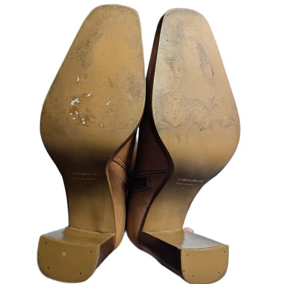 Vtg Y2K Candie's Camel Tan Leather Midi Square Toe Block Heel Ankle Boots Sz 7 - Picture 4 of 6